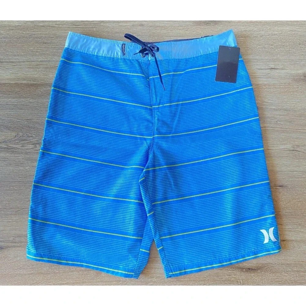 Hurley Boy's Board Shorts Striped Indo Blue Swim Beach Summer Size 20/30 NWT